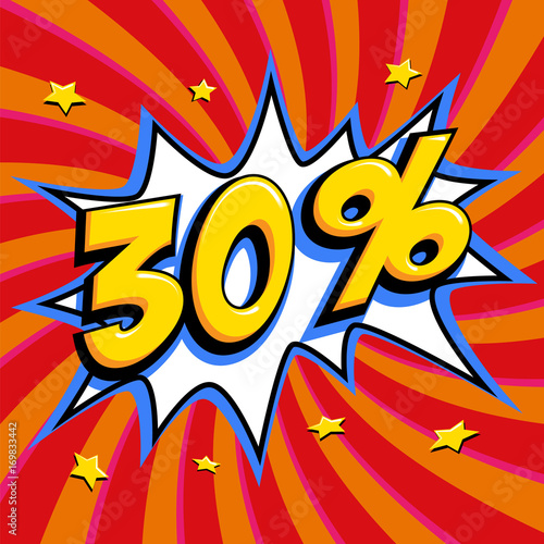 Red sale web banner. Pop art comic sale discount promotion banner. Big sale background. Sale thirty percent 30 off on a Comics pop-art style bang shape on red twisted background. Seasonal discounts