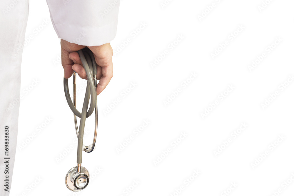 Doctor is going to examine his patient using his stethoscope isolated over white. Doctor is going to examine his patient using his stethoscope isolated over white.