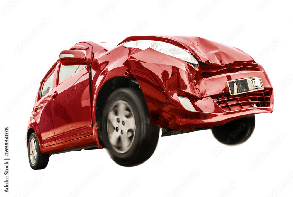 The red car has damaged the front. Traffic accident of a car isolated on white background. Flying car with broken part from crash.