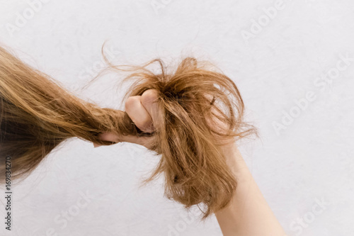 Εκτύπωση καμβά Female hand combing with brush her dry damaged long hair