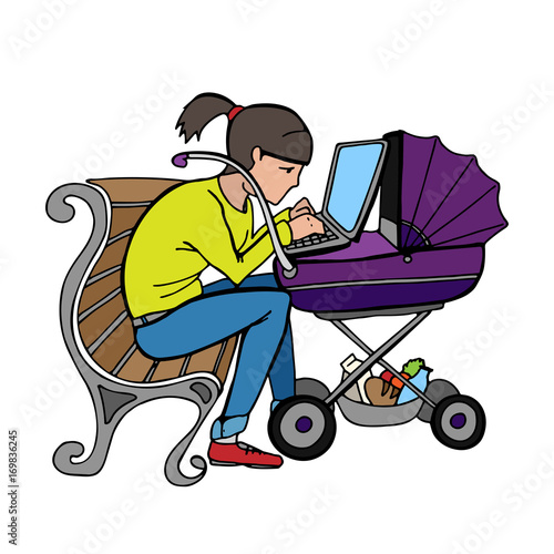 yong working mother sitting on bench and using laptop at stroller, isolated vector image