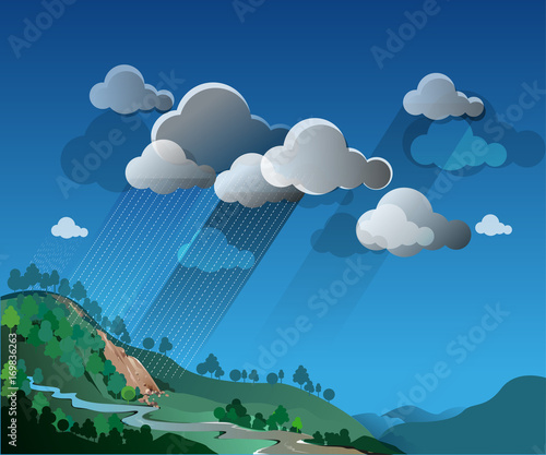 Vector illustrations, extreme weather, rain and landslides in the hills