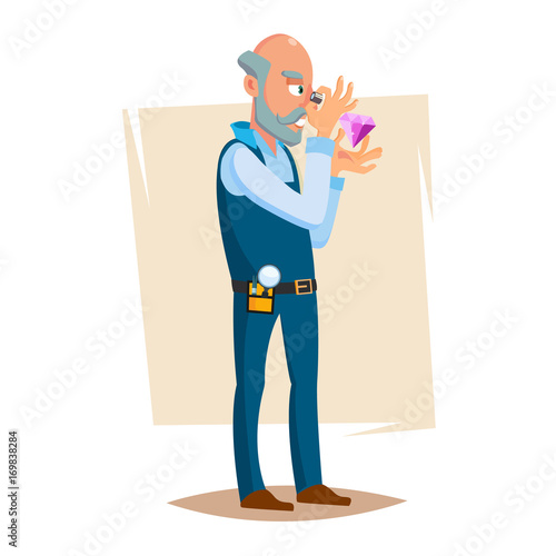 Jeweler Valuer Isolated Man Vector. Professional Classic Jeweler Examines The Diamond. Cartoon Character Illustration