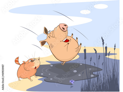  Illustration of a Washing up Pig and a Red Cat. Cartoon