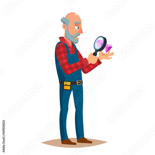 Jeweler Diamond Expert Vector. Jewels And Diamonds. Man Examines Faceted Diamond In Workplace. Cartoon Character Illustration