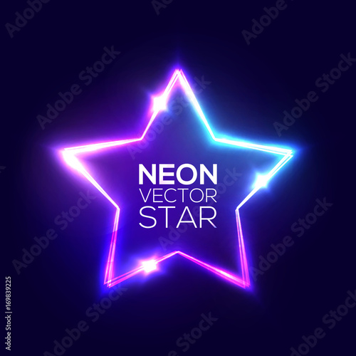 Abstract Neon Star. Electric Frame. Night Club Sign. 3d Retro Light Starry Signboard With Shining Neon Effect. Techno Glowing Frame On Dark Blue Backdrop. Colorful Vector Illustration in 80s Style.