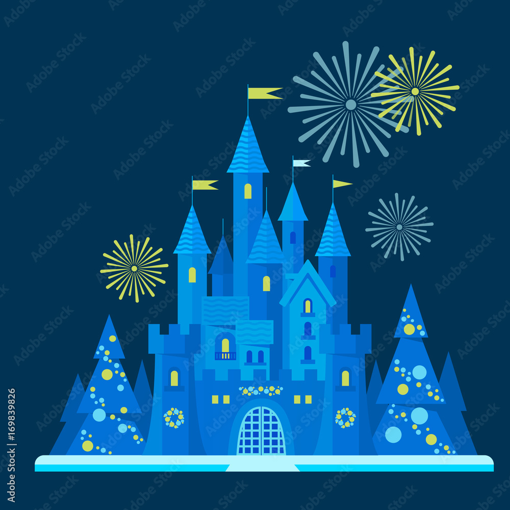 Snow-covered winter castle among the New Year's trees with a salute. Vector flat illustration.