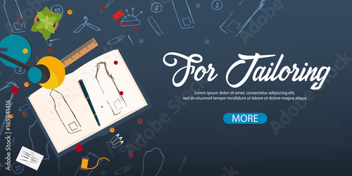 Tailor and seamstress banner. Sewing kit. Needlework, handmade. Dressmaking concept.