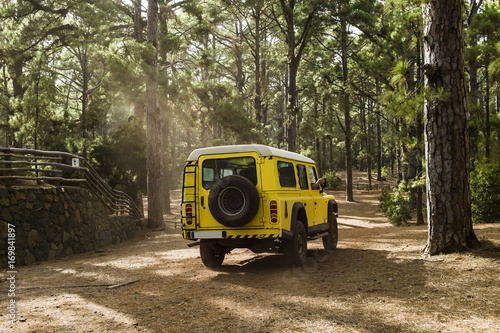 A Brifor Landrover fire fighter car in the forrests of La Esperanza, Tenerife, Spain Teide national park to check out the fire situation in the woods.