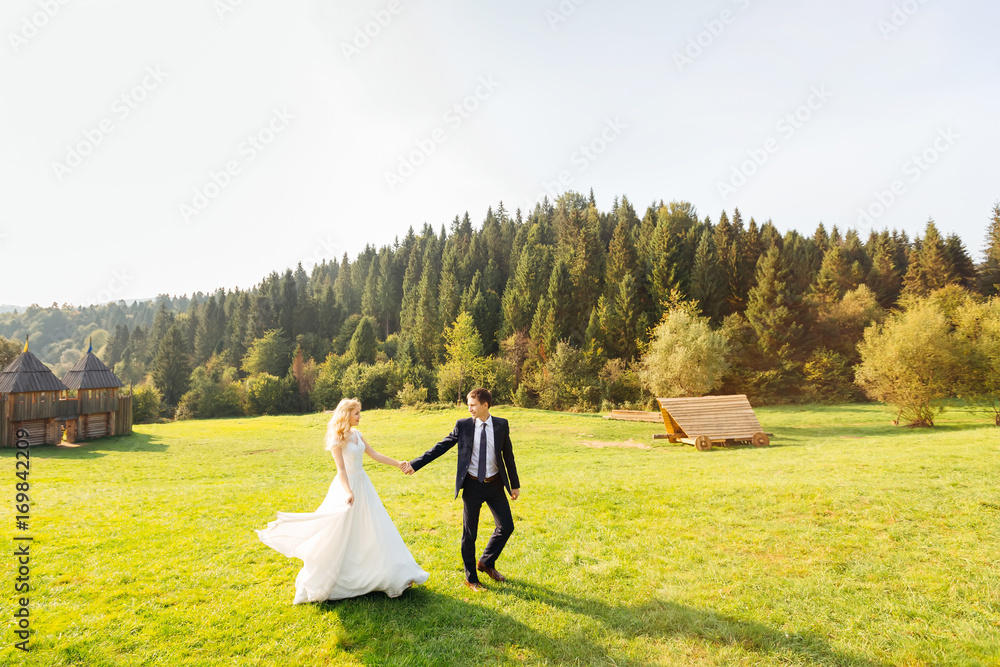 Newly married couple walking on the lawn in the mountains on the