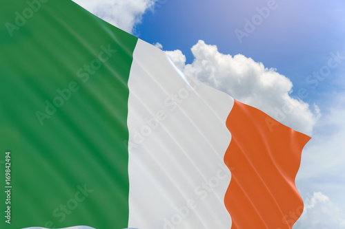 3D rendering of Ireland flag waving on blue sky background