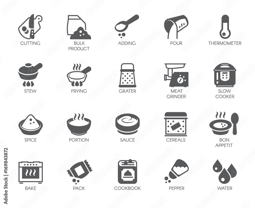 Set of icons on cookery theme isolated on white background. Flat labels for cooking projects, home appliances, products, stickers, printing in books, buttons on sites and apps. Vector illustration
