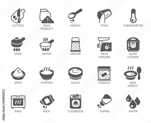 Set of icons on cookery theme isolated on white background. Flat labels for cooking projects, home appliances, products, stickers, printing in books, buttons on sites and apps. Vector illustration