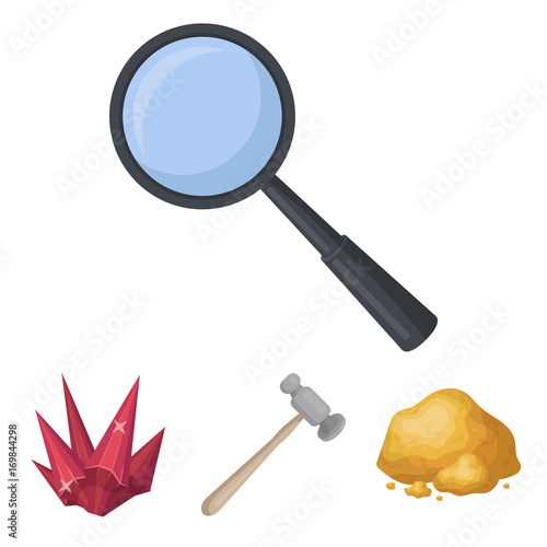 A jeweler's hammer, a magnifier, a copper ore, a crystal. Precious minerals and a jeweler set collection icons in cartoon style vector symbol stock illustration web.