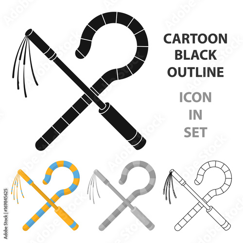 Crook and flail icon in cartoon style isolated on white background. Ancient Egypt symbol stock vector illustration.