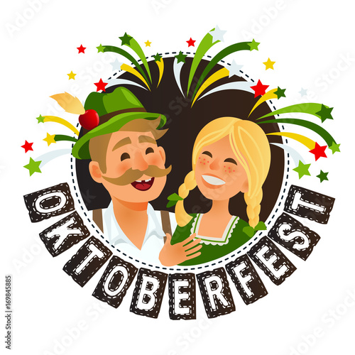 People in traditional german bavarian costume holding beer mugs oktoberfest cartoon vector illustration