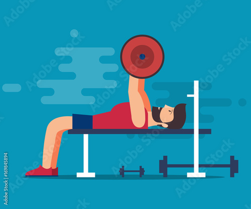 Bench for bench press. A bearded man with a barbell shakes his muscles in the gym. Isolated vector illustration on a blue background background.