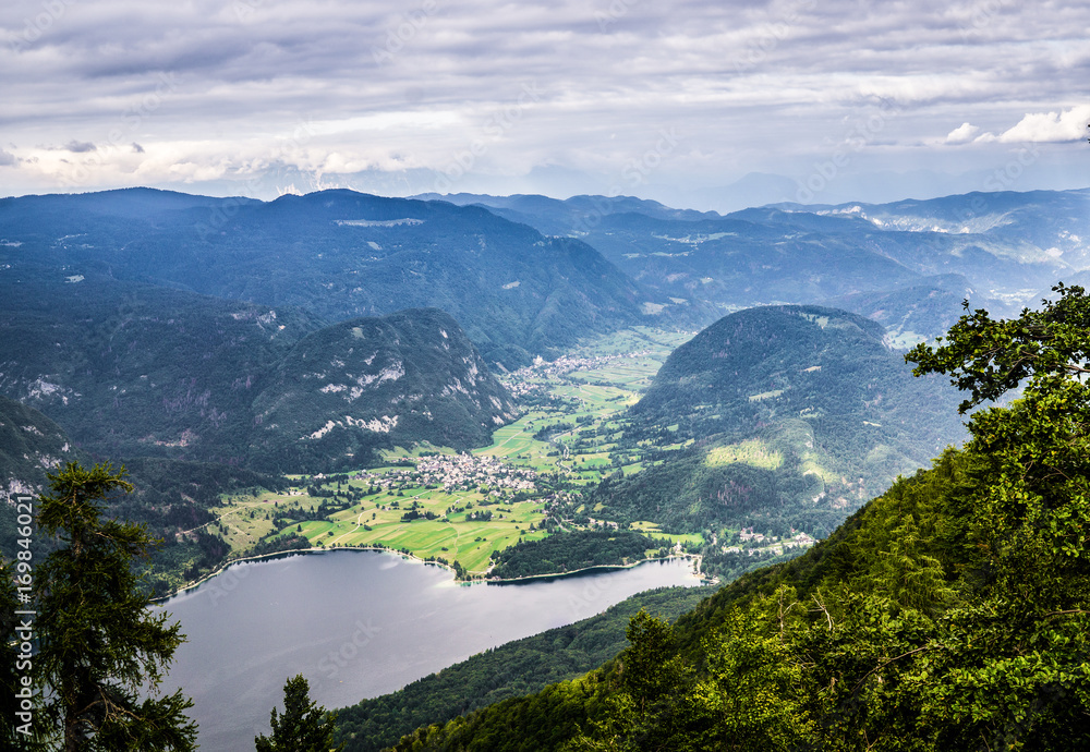 Lake Bohinj surrounded by mountains of Triglav national park. view from Vogel cable car top station, Slovenia