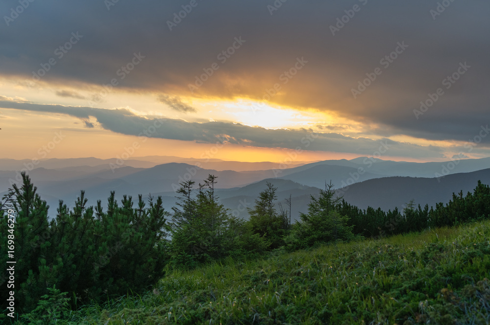 Sunset in the mountains. Travel to the mountains. Carpathians, Ukraine