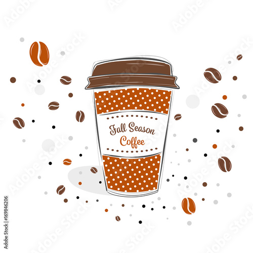 Fall season coffee sign text over paper coffee cup with abstract coffee beans background vector illustration. Line design hand drawn coffee cup.