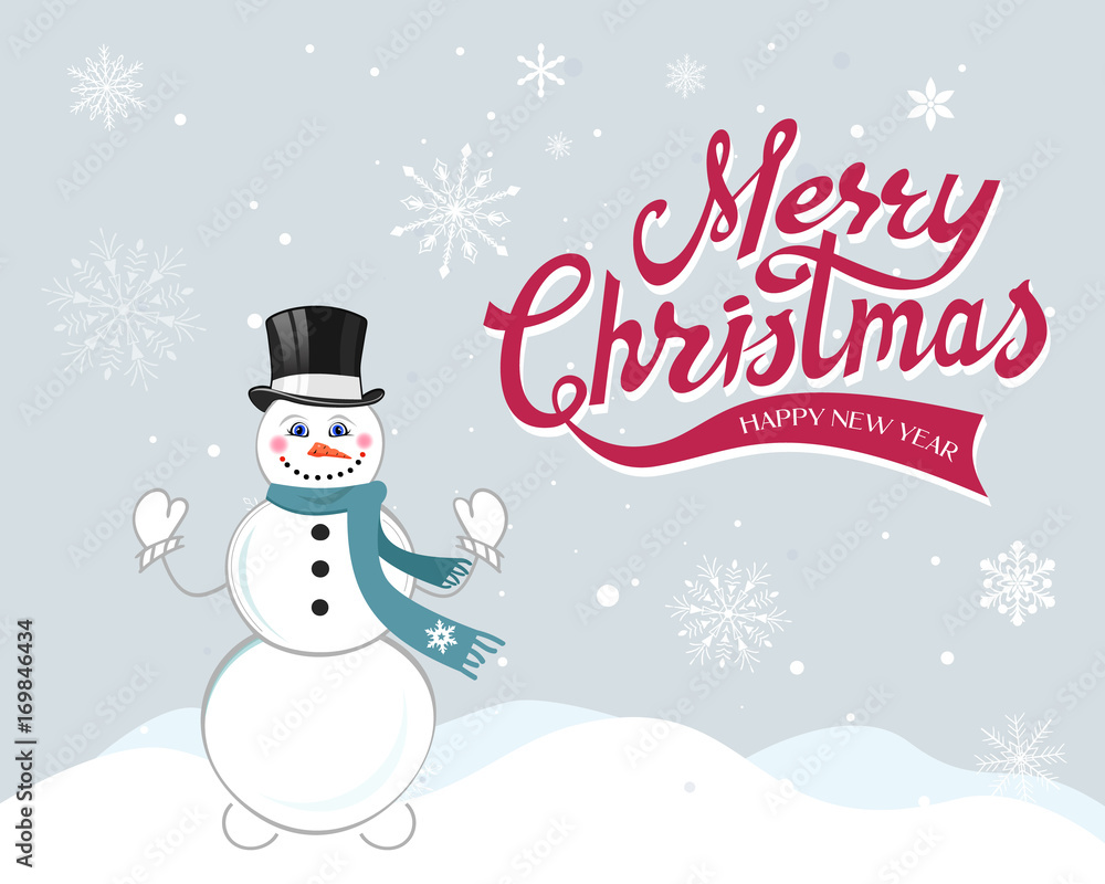Merry Christmas greeting card with hand drawn lettering sign and cute snowman over beautiful winter background vector illustration. Merry Christmas greeting card with hand drawn lettering sign and cute snowman over beautiful winter background vector illustration.