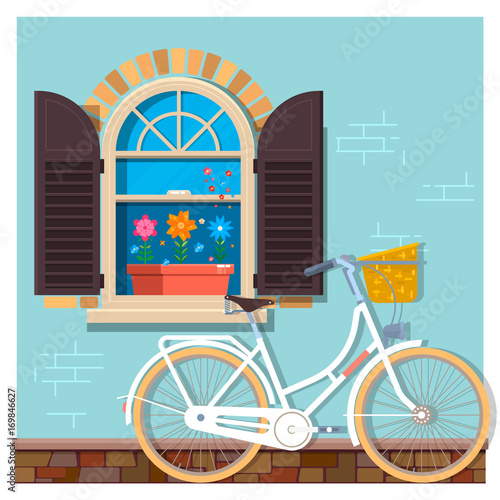 White bicycle near the building facade with a window.Street building facade of the house with bicycle. Front shop for design banner or brochure. Vector illustration