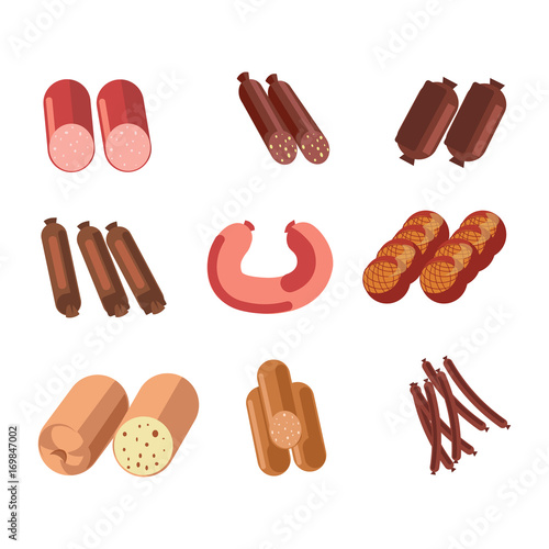 Sausages sorts meat gastronomy or butcher shop delicatessen products vector icons