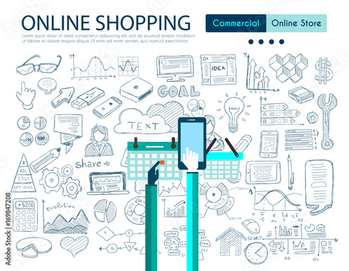 Ecommerce cart optimization concept with Business Doodle design style: online carts, sales and offers, best timing.