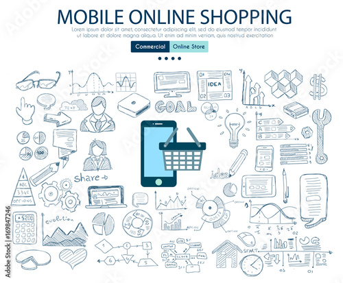Ecommerce cart optimization concept with Business Doodle design style: online carts, sales and offers, best timing.