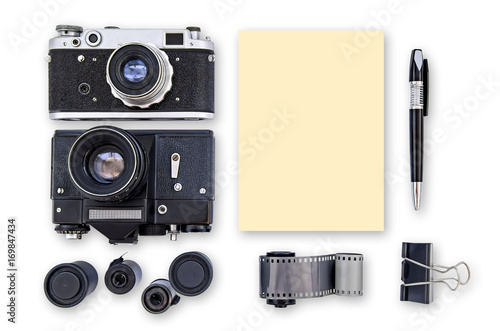 Mock-up - Retro cameras, film, pen, clamp
