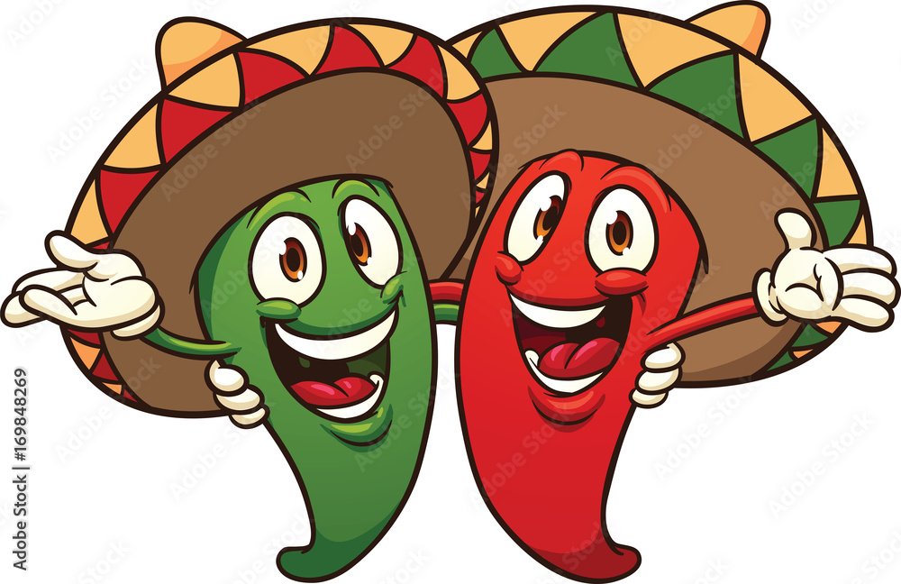 Happy cartoon Mexican chili peppers. Vector clip art illustration with