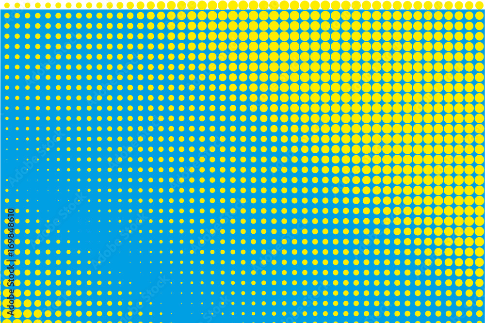 Fototapeta premium Cartoon pattern with circles, dots Halftone dotted background. Pop art style. Yellow and blue color. Vector illustration