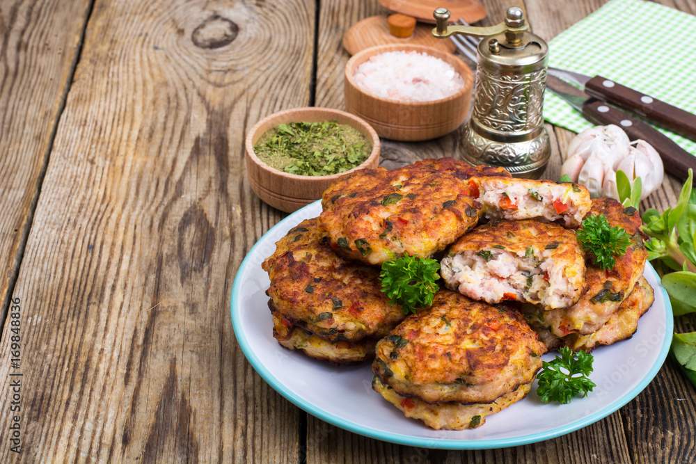 Vegetable pancakes with chicken meat Vegetable pancakes with chicken meat