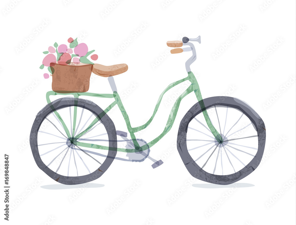 Vector illustration of blue retro bicycle. Types of bike: road bicycle, city, urban bike, old, cruiser. Vintage bicycle in watercolor style. Bike for girl with wooden basket, crate.