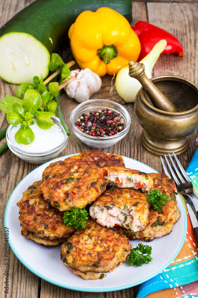 Vegetable pancakes with chicken meat Vegetable pancakes with chicken meat
