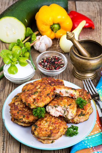 Vegetable pancakes with chicken meat