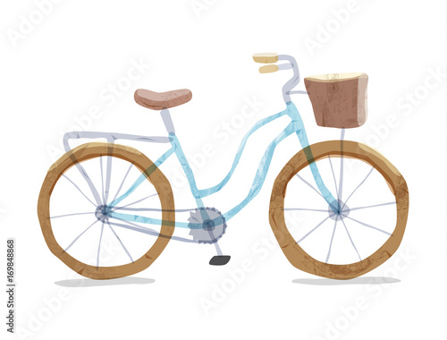 Vector illustration of blue retro bicycle. Types of bike: road bicycle, city, urban bike, old, cruiser. Vintage bicycle in watercolor style. Bike for girl with wooden basket, crate.