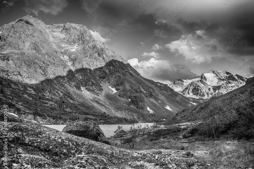 Black and white photo mountain range with valley, mountain lakes and river during sunset, national park in Altai republic, Siberia, Russia