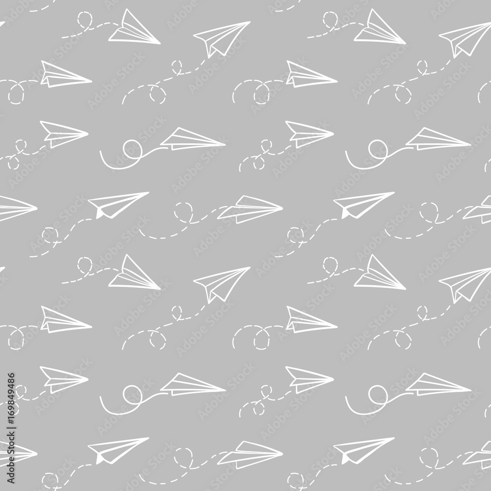 Fototapeta premium Seamless pattern with vector paper airplane. Travel, route symbol. Vector illustration of background with hand drawn paper plane. Outline. Hand drawn doodle airplane. Black linear paper plane icon