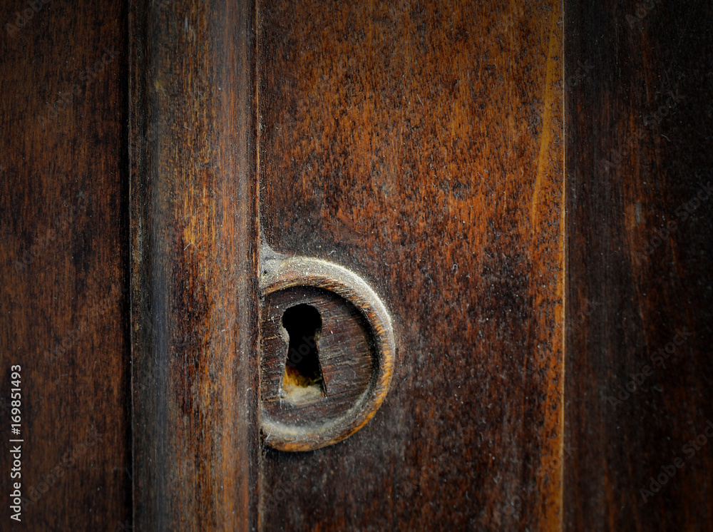 Detail of a dusty old keyhole in the door of a antique cabinet. The wood has warm tones and the keyhole is covered in dust and dirt Detail of a dusty old keyhole in the door of a antique cabinet. The wood has warm tones and the keyhole is covered in dust and dirt