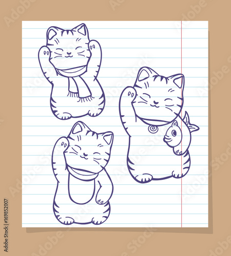 Cute japanese cats sketch. Vector maneki neko silhouettes set