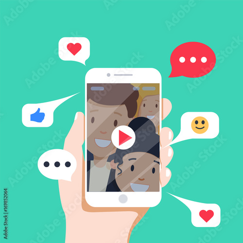 Viral content conceptual illustration. Likes, shares and comments popping up on the mobile screen.