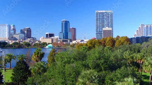 architecture, buildings, city, cityscape, clear, day, downtown, eola, exterior, florida, lake, landmark, landscape, location, metropolitan, morning, office, orlando, panorama, panoramic, park, reflect