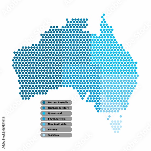 Australia Map of circle shape with the provinces colored in bright colors on white background. Vector illustration dotted style.