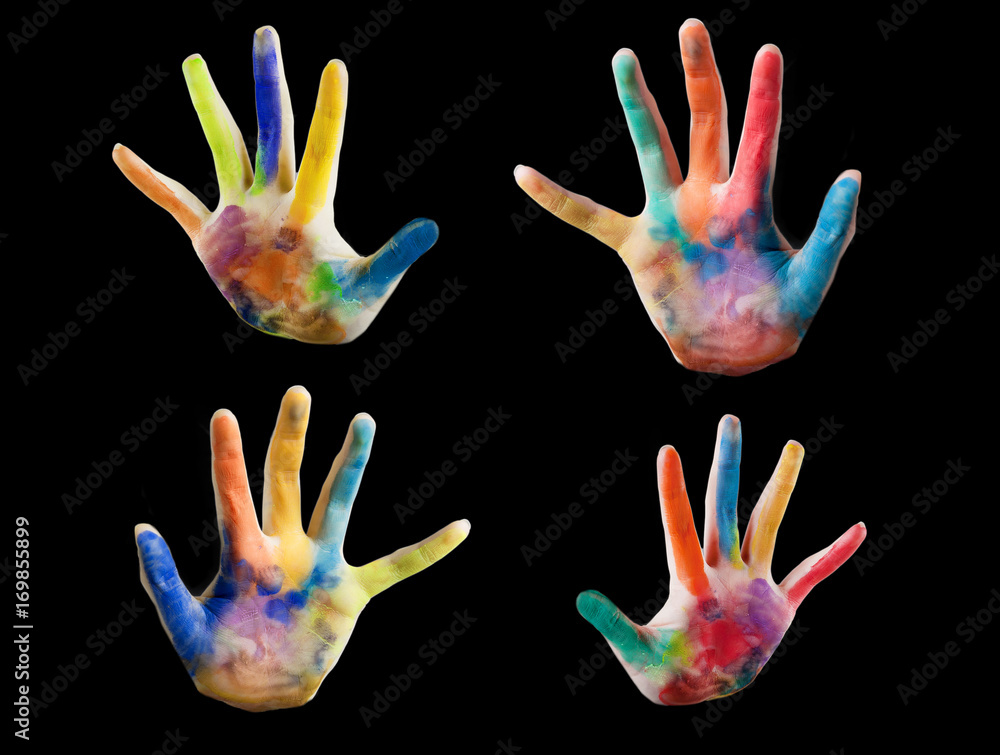 Close up of colored hand. Painted hands. Painted kid hand Close up of colored hand. Painted hands. Painted kid hand