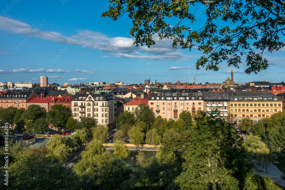 Cityscape view of Stockholm from above with trees and buildings.