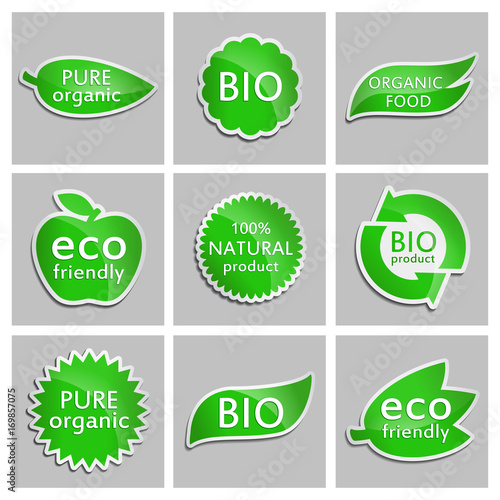 Green sticker Eco friendly, Bio, Pure organic, Organic food, Natural product, BIO product. Set. Vector Natural product icon for packaging design, web-design, booklets, logo creation, design
