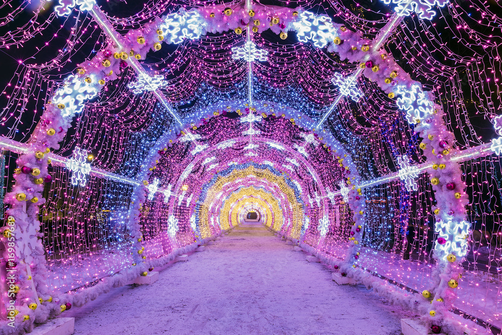 Christmas in Moscow. light tunnel of strings on the streets of Moscow