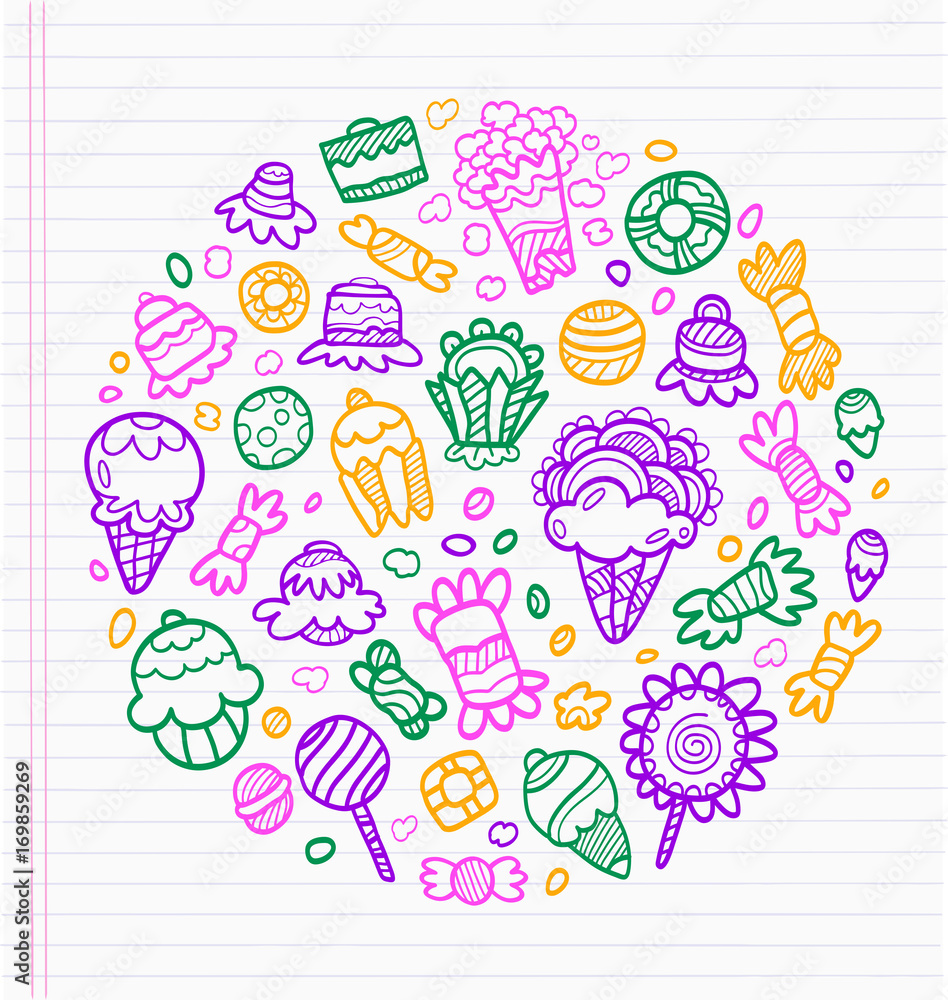 Sheet of notebook with drafts of colorful drawings of sweets, ice cream and cakes. Everything a child likes to eat