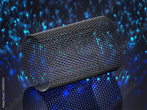 Closeup on a graphene tube with moving blue photons. 3d illustration